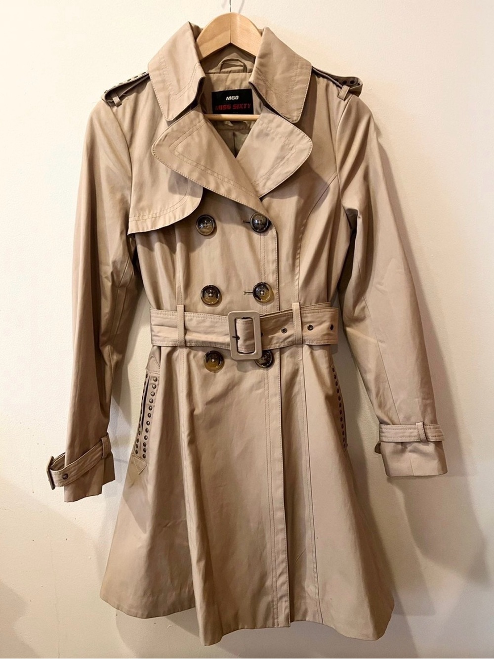 Miss Sixty Beige Double-Breasted Trench with Studded Pockets